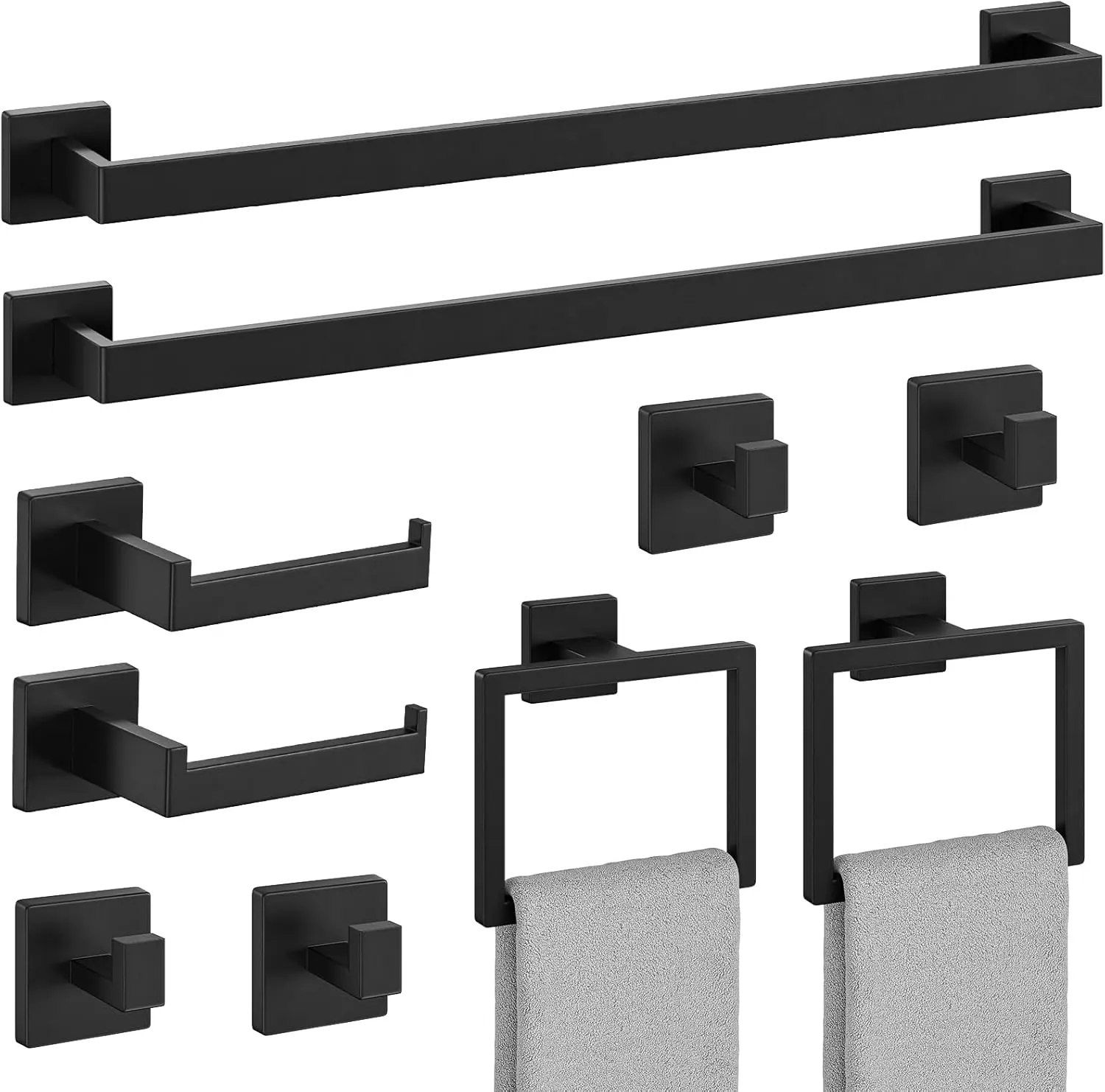 ATSHOWER 10-Piece Matte Black SUS304 Stainless Steel Bathroom Hardware Set - 16in Square Wall-Mounted Anti-Rust Chic & Minimalist Bathroom Fixture Sets for Home Improvement, Chic Bathroom Fixture Sets