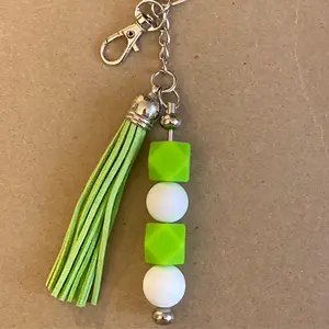 Tasseled Keychain, Green Tassel, Green and White Beads