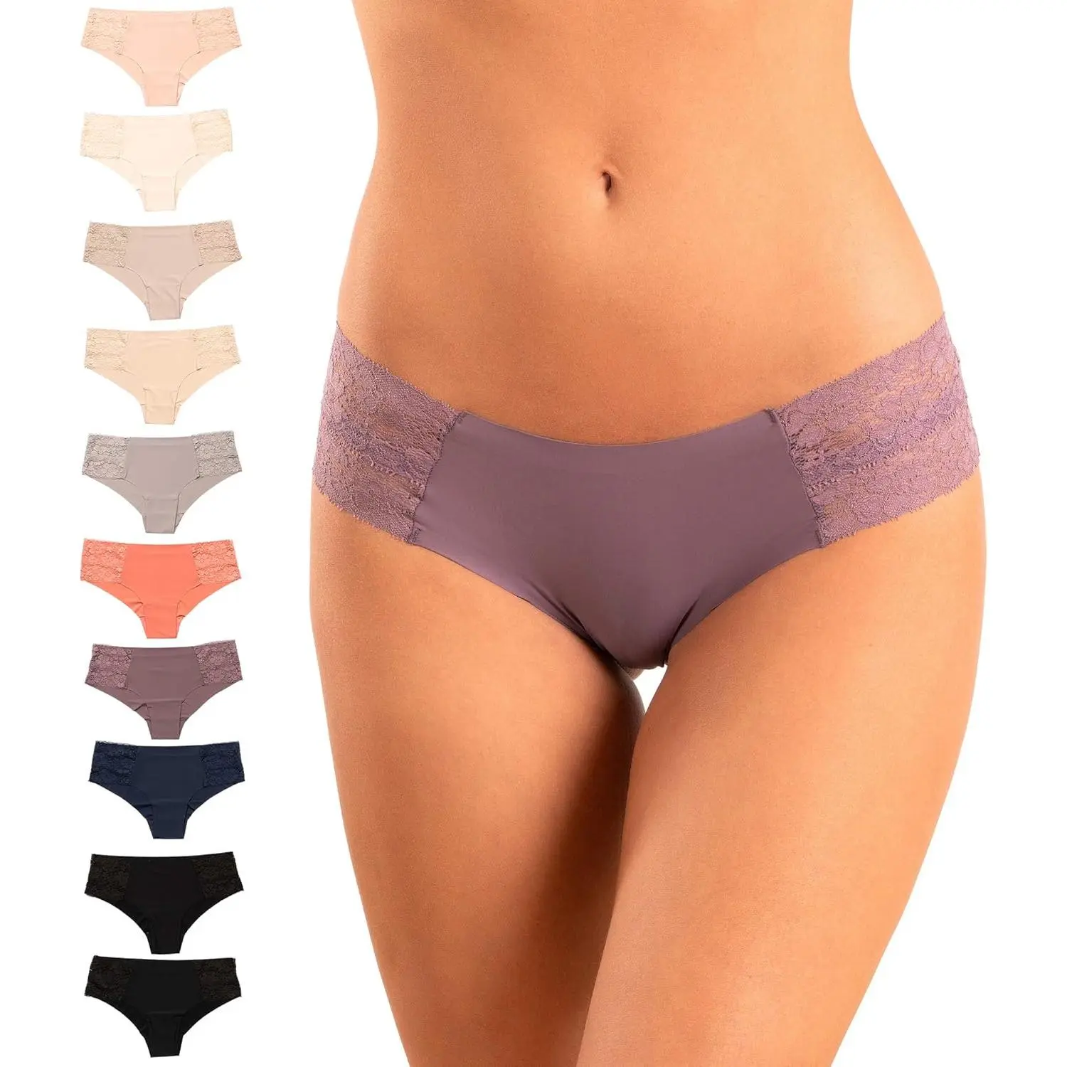 Women's Panty Set, 10-Pack Seamless Laser-Cut Cheeky Underwear with Lace Trim, No-Show Mid-Coverage in Assorted Vibrant Colors, Trim Lace Panty, Panties, Lacy, Seamless Fabric, Laser Cut Edges, Flattering Fit, Any Outfit