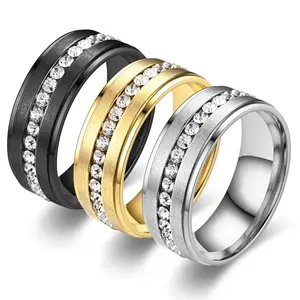 Black Titanium Men's Eternity Wedding Band Ring with Cubic Zirconia CZ Comfort-Fit 8mm Unisex Style