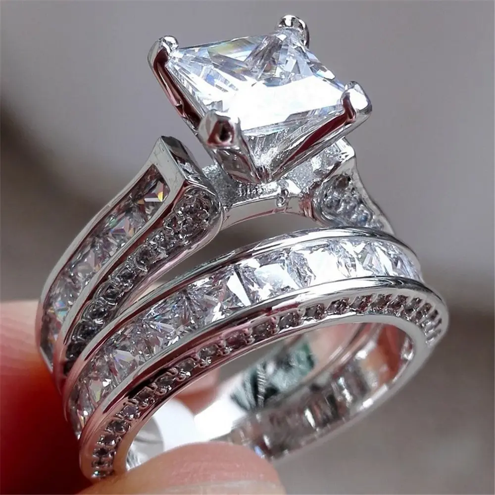 Princess Cut CZ Bridal Ring Set -- Sterling Silver Look
