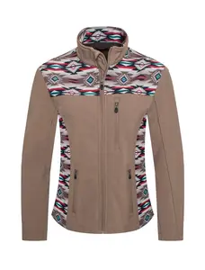 Men's Soft Shell Bonded Jacket With Western Aztec Print -NJ650EMB-AZ-KHAKI-BROWN