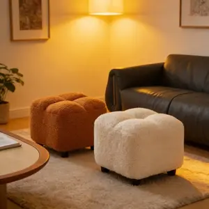 Ultra-Soft Lamb Wool Solid Wood Stool, Soft Padded Footstool, Home Entry Shoe Changing Bench, Sofa Chair Low Seat, Warm Comfortable Stable Durable