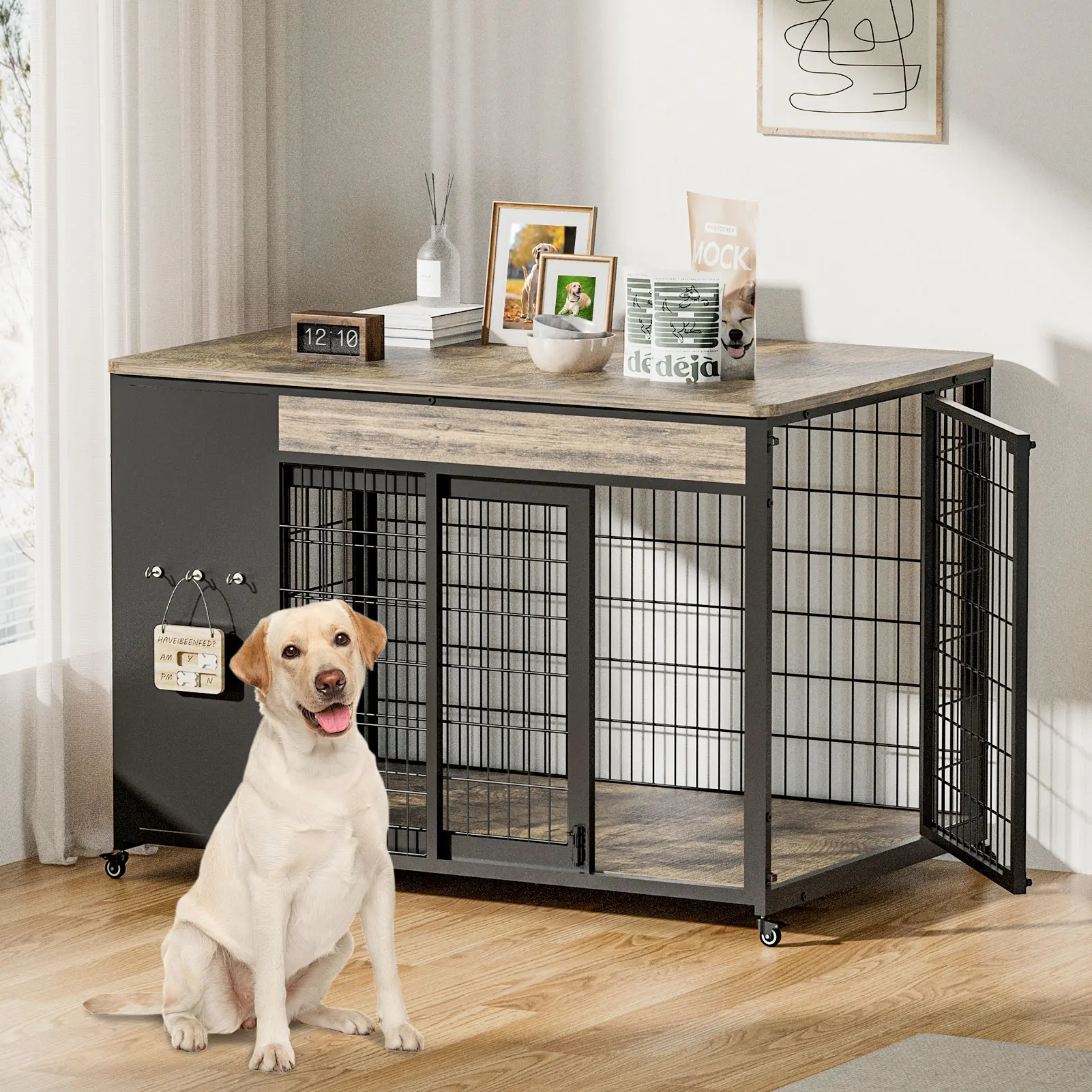 Double Door Heavy-Gauge Steel Dog Crate - Indoor Crate That Blends In, Heavy Duty Furniture-Style End Table, Wooden Base & Top, Soft Floor for Joints, Lockable Wheels, Hanging Feeding Tag, Easy Assembly (Tools Included), Water-Resistant Surface
