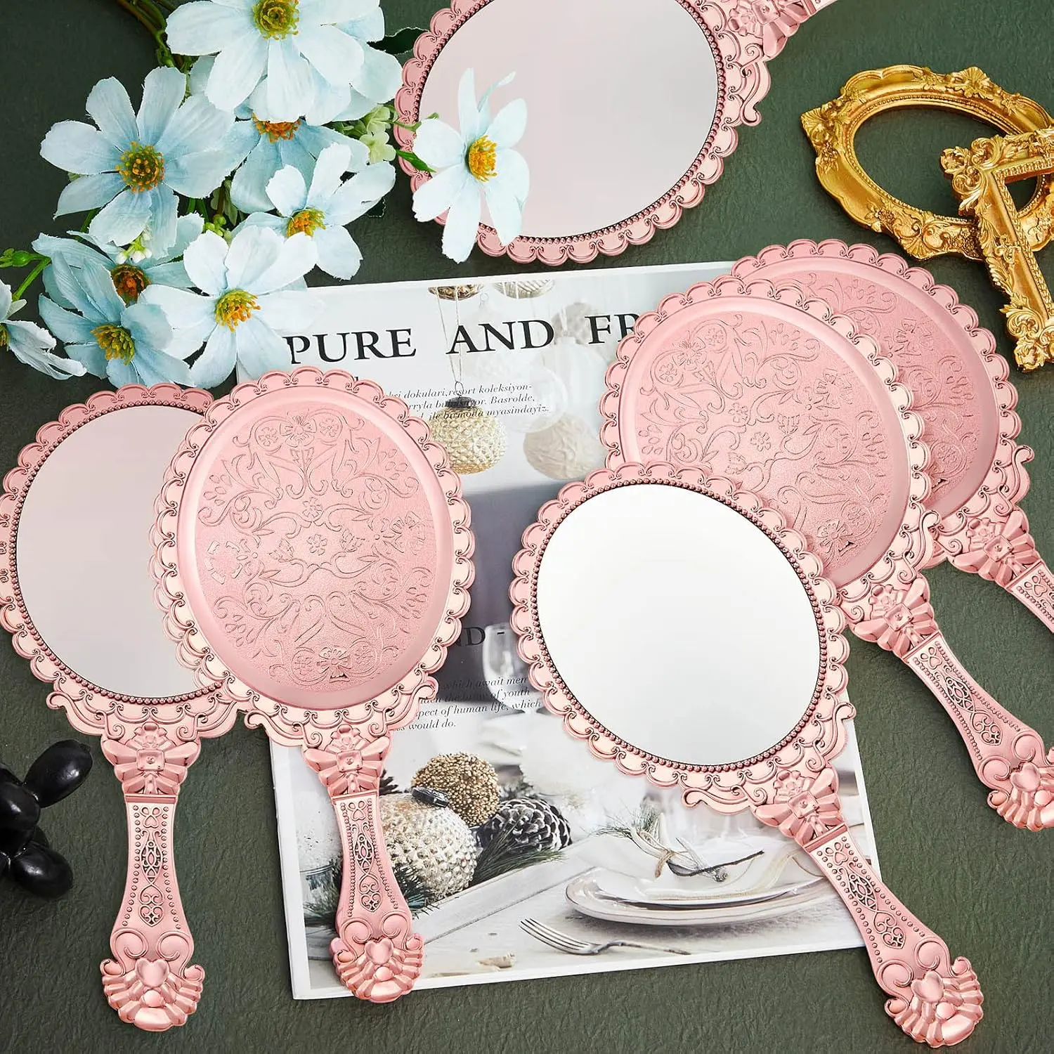 Women's 12Pcs Pink Vintage Embossed Plastic Body Hand Held Mirrors with Handle - 25x11.4cm (11.4cm/4.49in Wide,25cm/9.84in Long) Portable Makeup Mirror Set, Home Improvement Supplies, Portable Mirror, Cosmetic Mirror