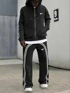 Trendy Two-Piece Set, Zip-Up Hoodie & Side Striped Sportswear, Retro /, Oversized Fit, Comfortable Fabric, Street Style