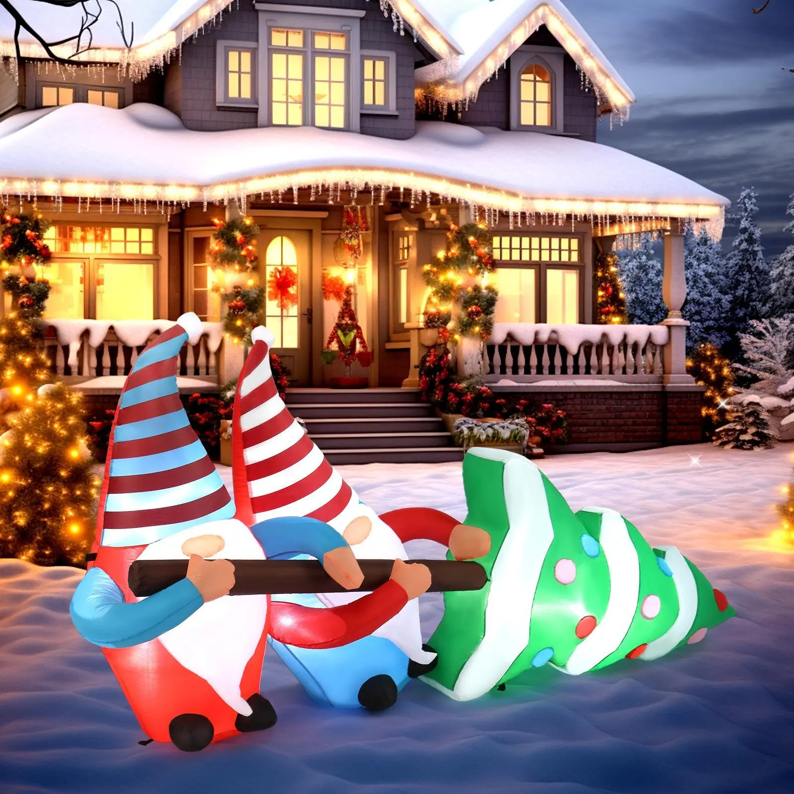 7 FT Lighted Plastic Christmas Inflatable Gnome Decoration - Waterproof, Built-in LED Lights, Gnomes Pulling Christmas Tree, Magical Photo Backdrop for Holiday Party Front Yard Lawn Decor