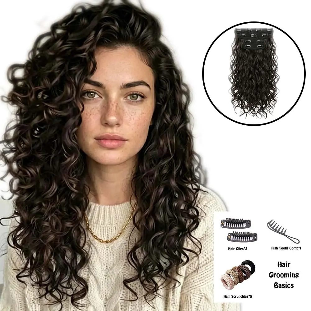 16" Curly Wave Clip in Hair Extensions 4PCS Wigs - Instant Volume & Length Natural-Looking Hairpieces for Women,Beginner Friendly Set with Styling Accessories Hair Clips Scrunchies Fish Tooth Comb Ponytail Long quick style plate lightweight individual sum
