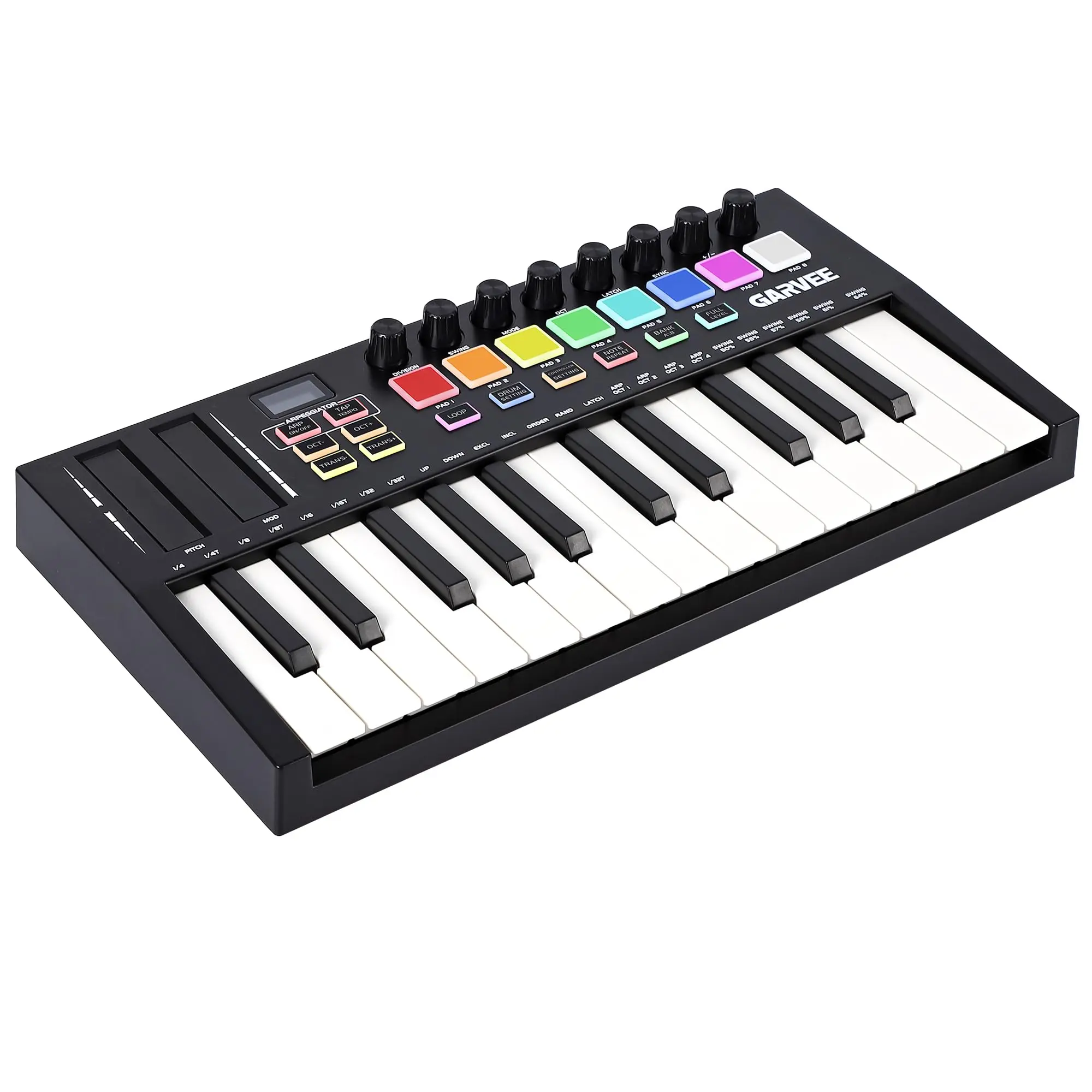 Bluetooth MIDI Keyboard Controller - 25 Velocity-Sensitive Keys, 8 Backlit Drum Pads, 8 Knobs, Durable Body, Professional Dynamic Keybed, Built-In Sound Library, Included Music Production Software, Black for Recording Studio Use, Plug-N-Play