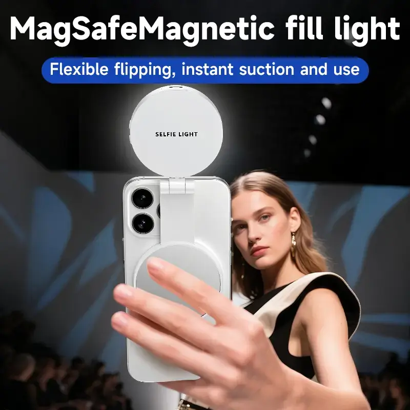 MagSafe Magnetic Fill Light - 360° Rotating Selfie Light with 3 Color Modes, 800mAh Rechargeable Battery, Portable Clip-On Ring Light for iPhone