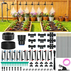 100FT Drip Irrigation Kit, Automatic Garden Watering System with Quick Connect PE Tubing, 2026  Upgraded Water-Saving Design, 3 Adjustable Nozzles for Yard, Greenhouse, Lawn & Raised Bed