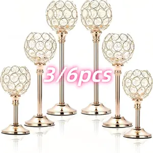 Pack Of 6pcs/3pcs Candle Holders For Pillar Candles,Gold Candle Holders Bulk Wedding Centerpieces Metal Crystal Candlestick Holders Stand For Table Party Church Decor