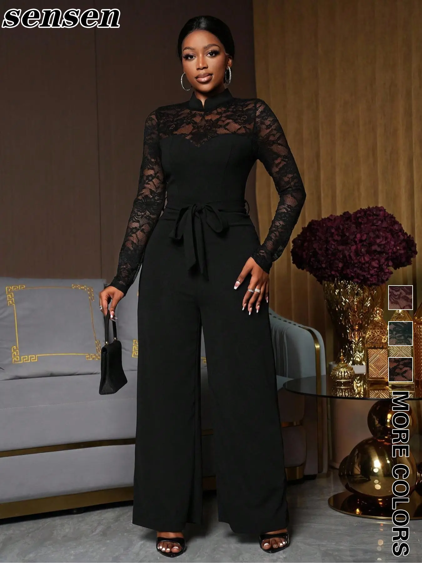 Women's Lace Patchwork Jumpsuit, Stand Collar Belted Waist Wide Leg Pants, Vintage Elegant Party Style Slimming One-Piece Romper