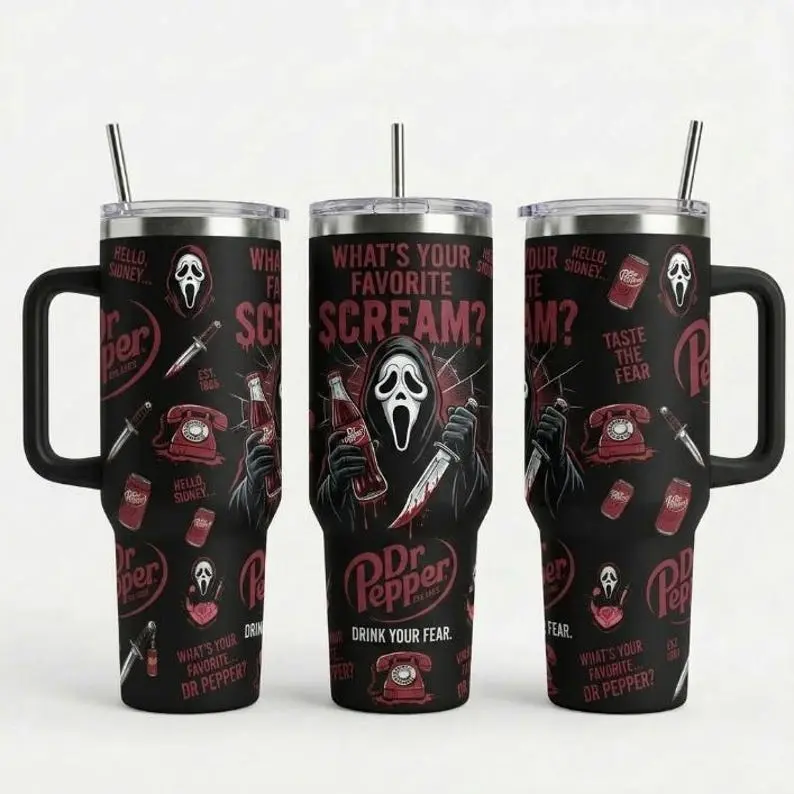 Ghostface #4 Halloween 40oz Premium Stainless Steel Tumbler With Handle , The Scream Inspired Design, Insulated Travel Mug, Halloween Gift for Horror, Halloween Collector Tumbler, Spooky Season Drinkware