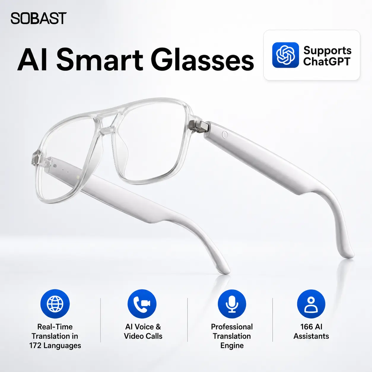 High-End AI Smart Wearable Glasses, 172-Language Real-Time Translation, 166 AI Assistants, Open-Ear HD Audio, Bluetooth Calls, Hands-Free Music, Lightweight Comfort,  for Daily Wear & Travel, Father’s Day Gift father ideal, Smart Glass Eyewear, Wireless