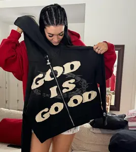 Y2K street style zip hoodie — “God is good” graphic sweatshirt, oversized long sleeves, half-zip front, black with white lettering, casual all-season wear, casual hoodie | Y2K fashion | glossy fabric hoodie | unisex hoodie | Easter gift