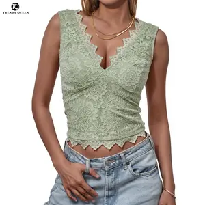 Trendy Queen Women's Ruched Bow Decor Tank Top,Cute Deep V Neck Sleeveless Crop Top,Back To School Outfits,Ladies Fall Clothes for daily Wear