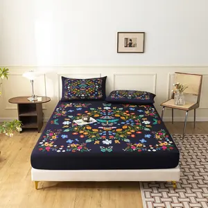 3pcs Vibrant Dark Blue Bohemian Wildflower Dragonfly Fitted Sheet Set, Boho Bedding, Room And Dormitories Mattress Protector(1 Fitted Sheet + 2 Pillowcase No Pillow)