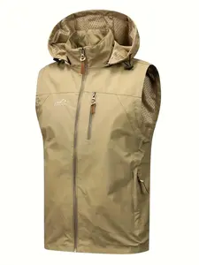 Men's Solid Pocket Zipper Hooded Vest Waistcoats, Menswear Tops, Regular Fit Casual Sleeveless Jacket Outerwear for Spring & Fall, Men's Clothes for Outdoor Activities