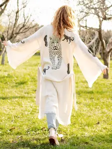 Moa Boho Tiger Long Kaftan Kimono- White