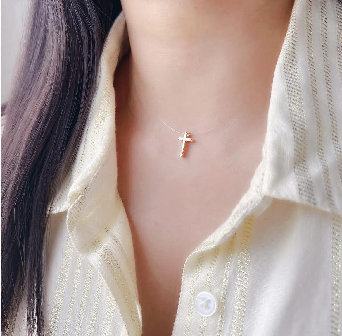 Floating Cross Necklace – Clear Cord Illusion Necklace with Tiny 18k Gold-Plated Charm Modern Classic Unisex Fit
