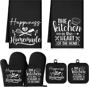 6 count Kitchen Decor Accessories Set Farmhouse Towels Pot Holders Oven Mitts Set 2 Dish Towels 2 Potholders 2 Cooking Mittens Oven Glove for Baking Cooking (Black,Kitchen)
