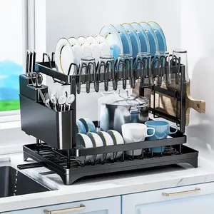 Dish Drying Rack, 2 Tier Large Dish Drying Rack for Kitchen Counter with Drainboard, Carbon Steel Dish Drainer with Anti-Rust Coating for Dish/Knifes/Cup/Cutting Board, Black