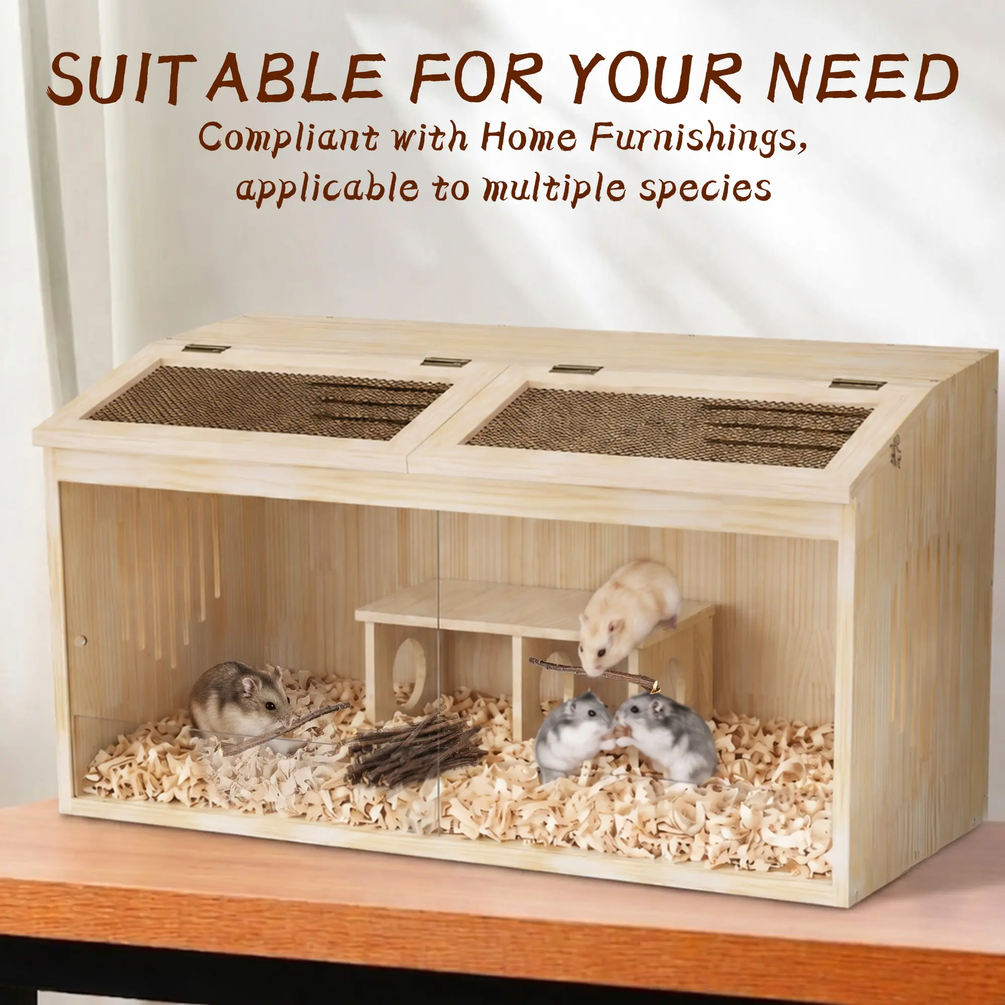 Large Space Wooden Hamster Cage - Natural Grain, Odor-Free, 32"x16" with Ventilation System, Easy Cleaning Openable Top, Acrylic Front Door, Included Toys & Bedding for Guinea Pig, Rabbit