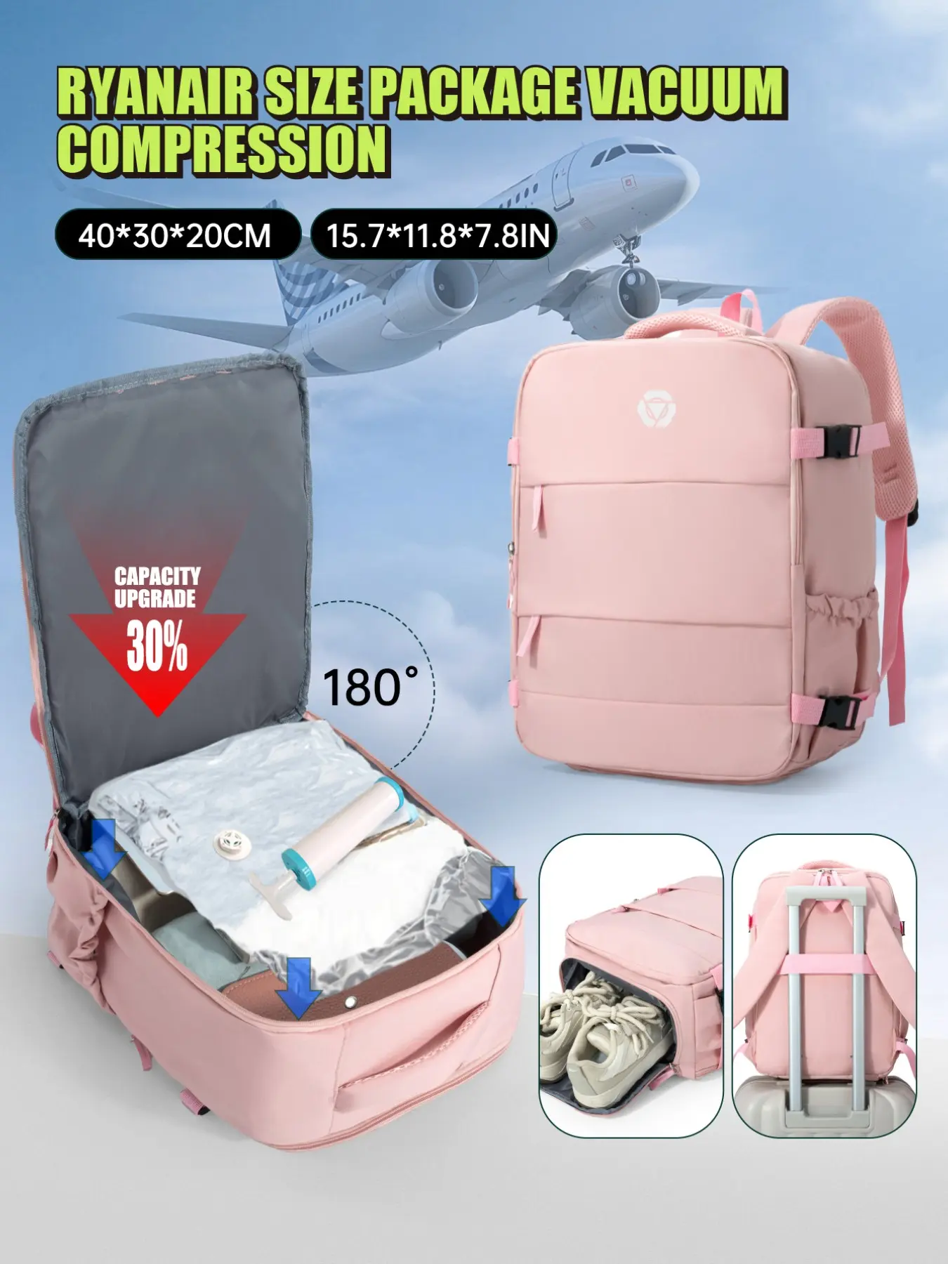 Vacuum Compression Backpack, Ryanair Cabin Bag 40x30x20cm, Carry On Backpack, Airport Backpack, Unisex Casual Travel Backpack, 180° Opening, Multiple Pockets, Multifunctional Travel Backpack, Business Trip Ideal Choice