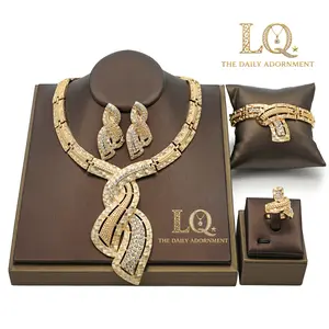 LQ Viral 4-Piece Gold Statement Jewelry Set - Bold Textured Ribbon Crystal Necklace, Bracelet, Earrings & Ring - Unapologetically Chunky 18K Gold Plated Accessories for Wedding, Party & Red Carpet Events (Gold Tone)