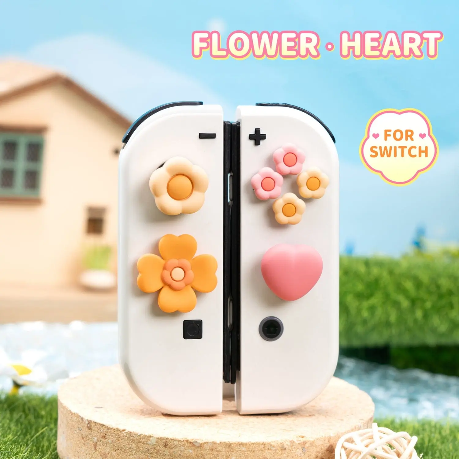 GeekShare Flower-Heart Button Caps, Vivid Colored Design Accessories for Game Controllers, with Grip, Joystick Thumb Grip, 5-min DIY Apply Feature