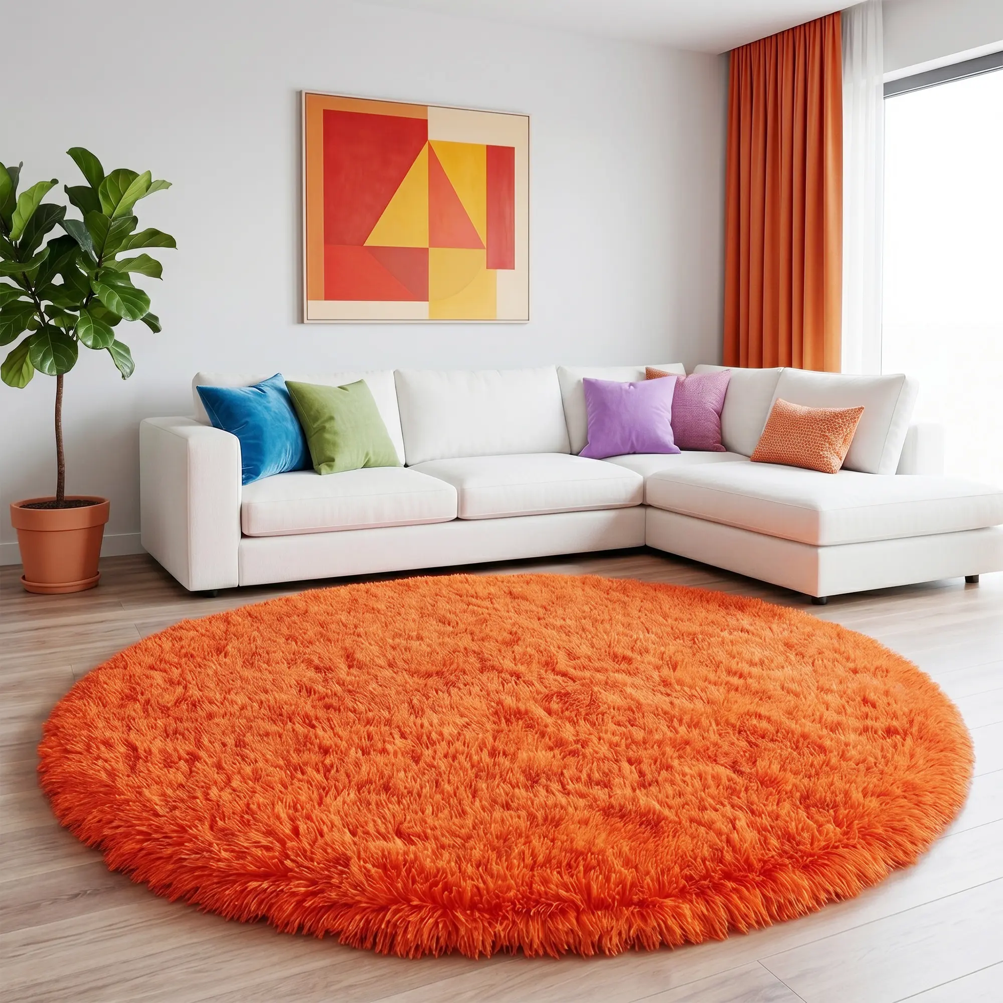 COLLA Round Ultra-Soft Plush Area Rug - Orange Modern Extra Thick Fluffy Shag Circular Non-Slip Floor Carpet, Rugs for Bedroom, Ideal for Indoor Home Decor, Extra Thick Fluffy Area Rugs