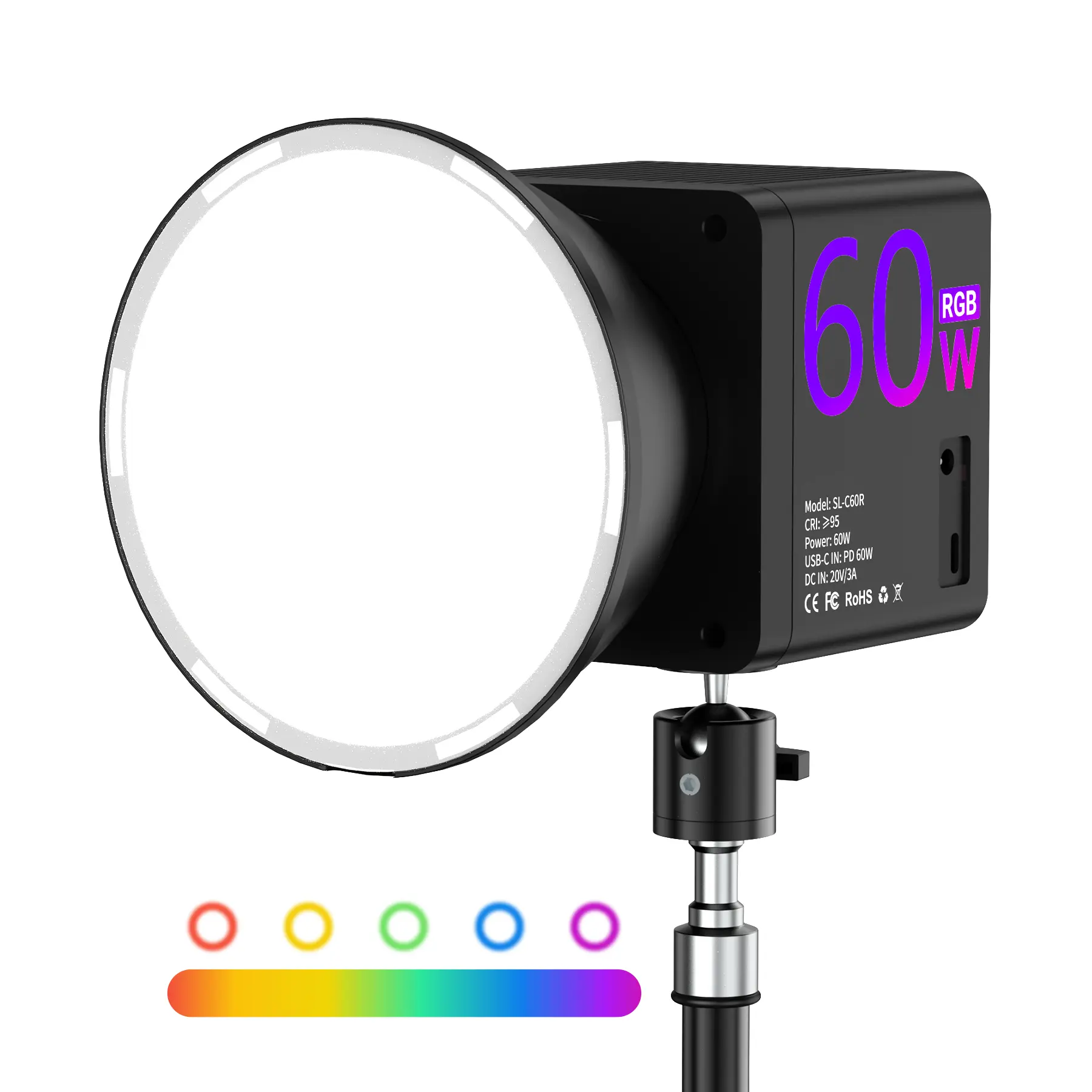The Saker PLUS handheld portable photography light, powered by 60W 4 batteries, features RGB color lighting with a color temperature of 2500K–6500K. It includes batteries and can be used for video recording and portrait photography.