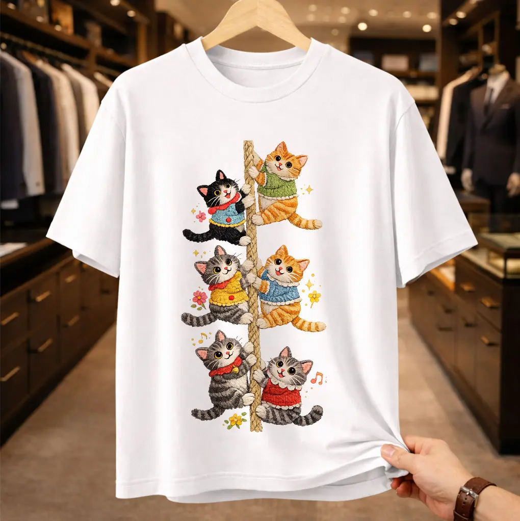 Men's Cute Cat T-Shirt, 6 Kittens in Sweaters Graphic Tshirt, Colorful Round Neck Short Sleeve Streetwear, Soft Cotton Casual Breathable Top, Kawaii Cat Lover Gift