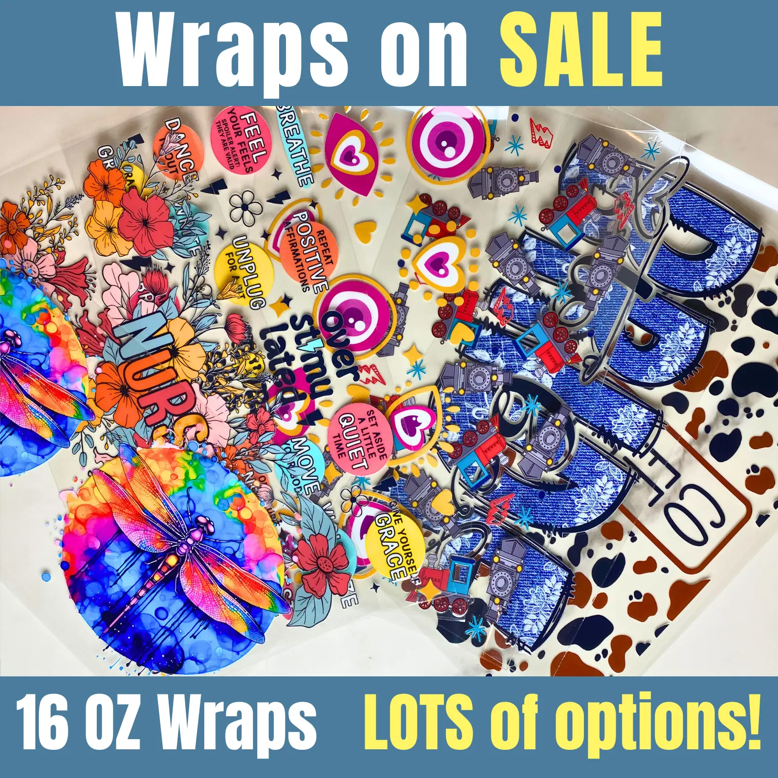 UV DTF 16 oz Wraps - ON SALE, Cup Sticker, Peel and Stick, Tumbler Stickers, Permanent Sticker