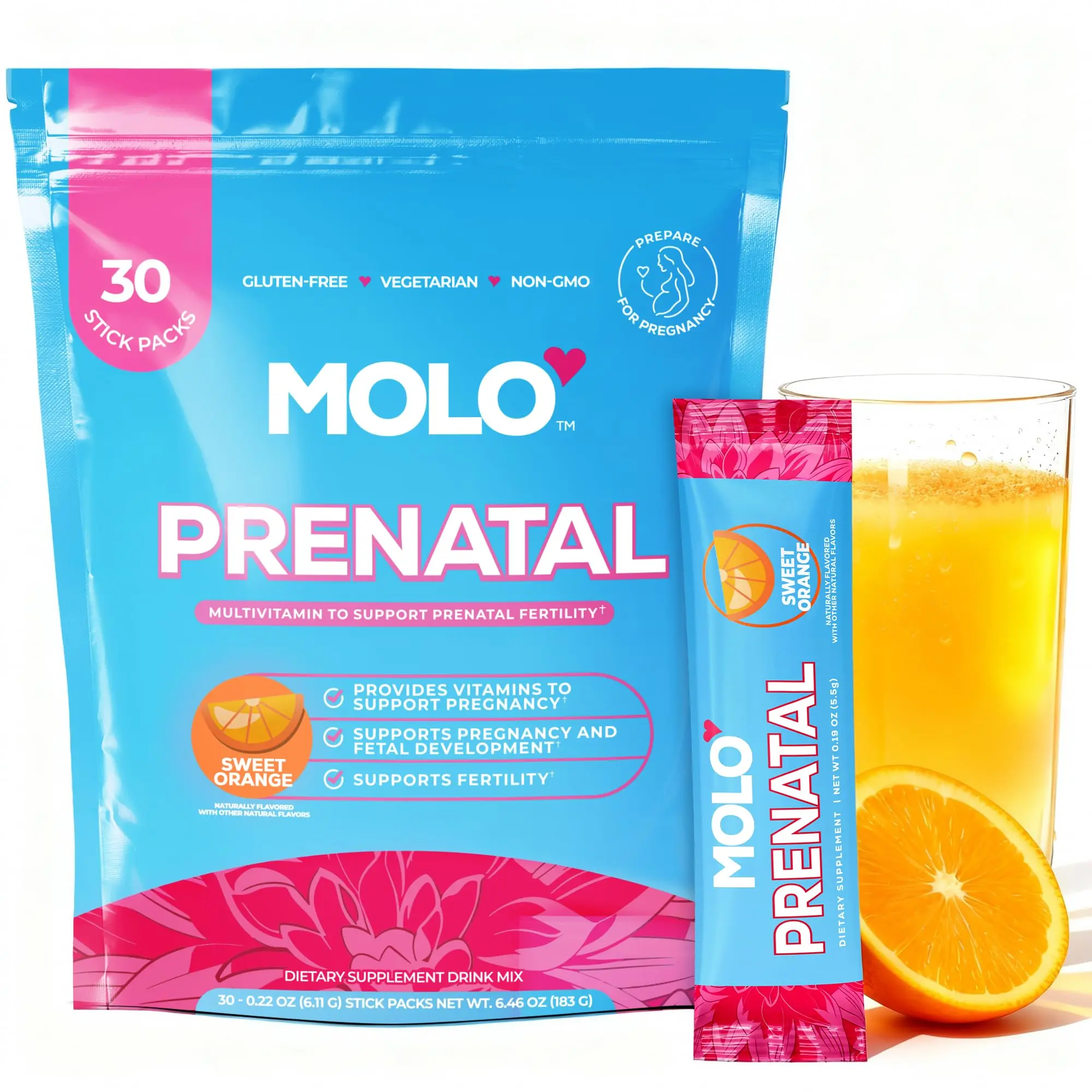 MOLO Prenatal Multi-Vitamin Drink Mix for Women – Packed with essential vitamins & antioxidants, DHA Omega-3, Methylfolate, CoQ10, & Iron – 30 Stick Packs with Sweet Orange Flavor – Vegetarian, Gluten-Free & Non-GMO