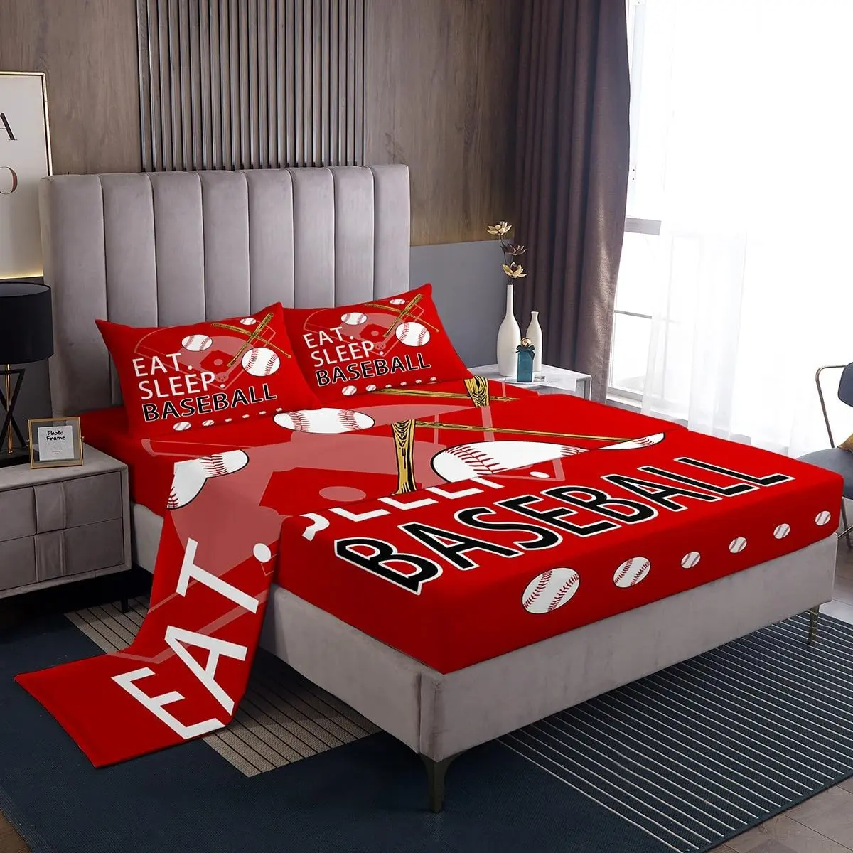 Feelyou Baseball Gaming Sheet Set - Red Decorative Microfiber Bed Sheets, Breathable Durable Softball Bedding for Teens, Stylish Bedroom Linens for Boys and Girls, Breathable Durable Sheets