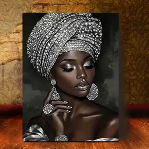 Room Decoration 1 Piece Shiny African Woman Canvas Print, Embroidery Art Wall Decoration, 11x 14inch , Elegant Silver Glitter Canvas, Suitable for Living Room, Bedroom, Office, with Canvas Artwork for Home Decoration, Creative Gift