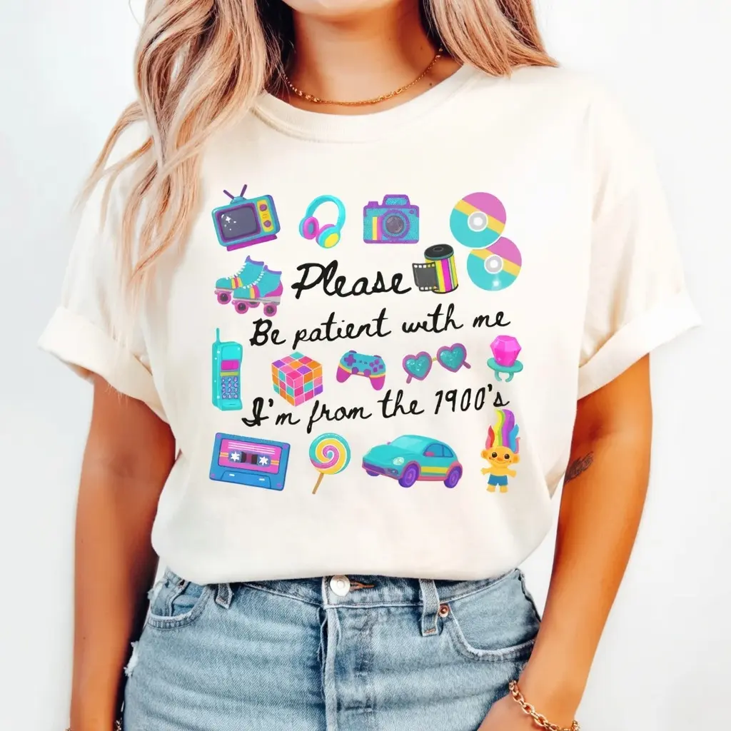 Unisex Fitted Short-Sleeve Everyday Minimalist Style Sports Top - "Please Be Patient With Me I'm From The 1900s" Funny Meme Graphic Tee, Retro Gift for Mom