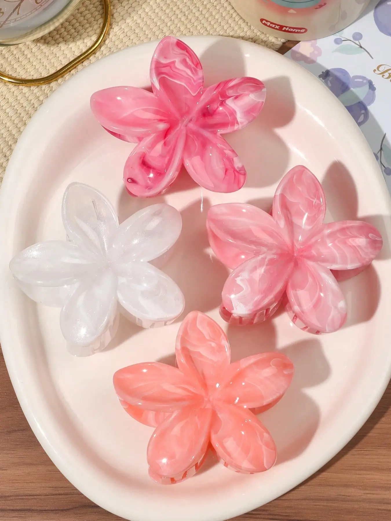 4pcs/Set Bohemian Floral Decorative Hair Clips, Sweet & Minimalist Daisy Flower Marble Pattern Hair Accessories, Suitable For Spring/Summer Beach Beauty Claw Clips Casual Hair Claw
