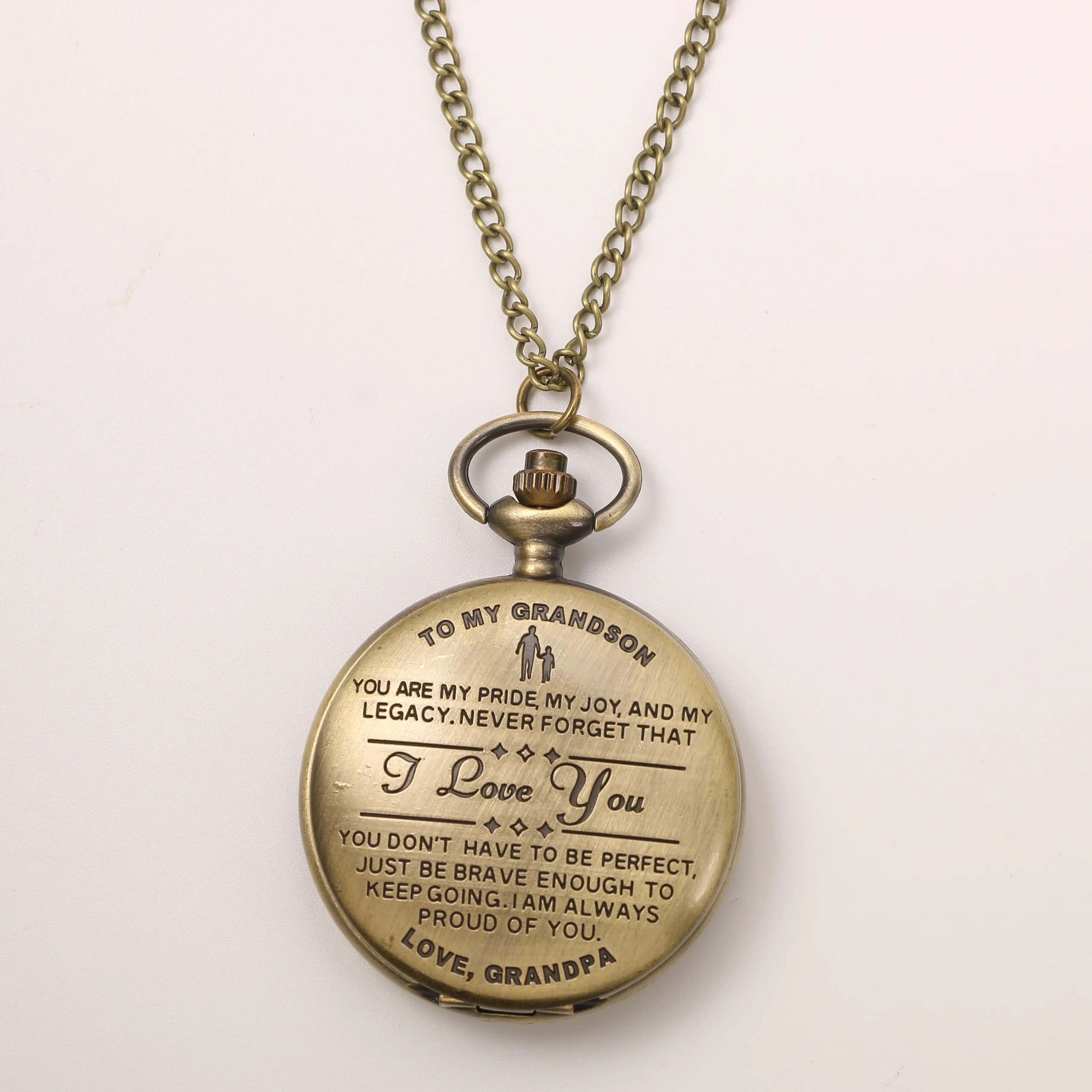 Custom Engraved Pocket Watch Necklace for Grandson, Vintage Tarnish Resistant Fob Watch with "I Love You" Message, Motivational Gift from Grandpa, Custom Engraved Pocket & Fob Watches