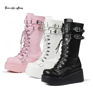 Women Gothic Knee High Boots Wedge Platform Mid Calf Round Toe Side Zip Boots Lace Up Punk Style Boots Comfortable Tall Punk Combat Boots