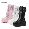 AOSPHIRAYLIAN Women's Gothic Knee-High Wedge Platform Boots - Cowboy, Elegant, Round Toe, Mid-Calf, Side Zip, Lace-Up Punk Style, Boot Heels, Chain, Spike, 3.15" Comfortable Heels, Rubber Sole, Goth Combat Vibe, Footwear, Easy Dressing Entry