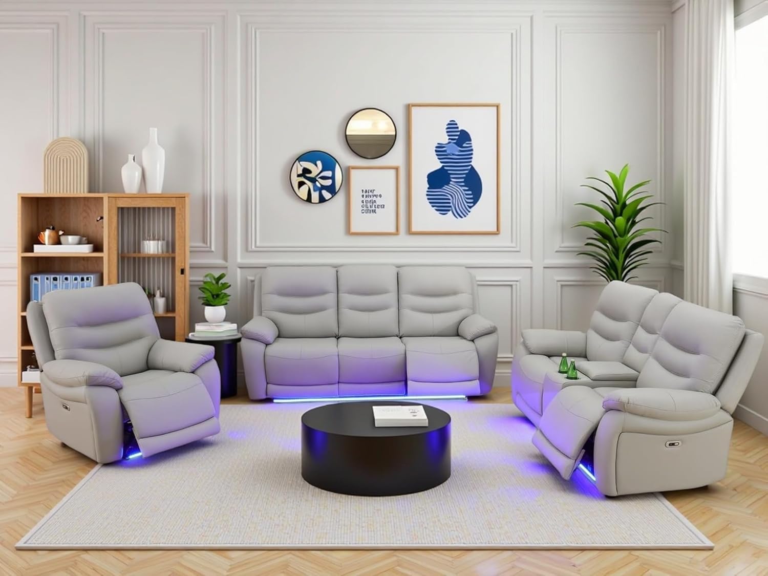 Leather Power Recliner Sofa Set with LED Lights, USB Ports, Storage Console & Cup Holders, Luxury Living Room Indoor Furniture (Sofa, Loveseat, Chair)