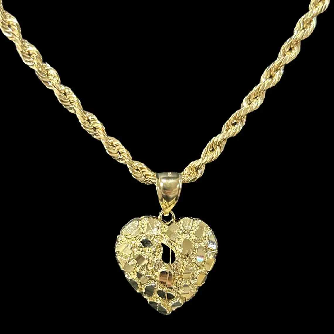 MaxBling81 14K Real Gold Plated Brass Golden Nugget Heart Pendant & 3mm 18"-24" 14K Stamped Rope Chain Necklace Gift Set, Necklaces for Women, Long Chain, Unisex Jewelry for Birthday Anniversary