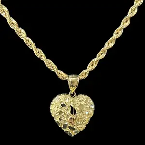 14K Real Gold Plated Brass Golden Nugget Heart Pendant & 3mm 18" 20" 24" 14K Stamped Rope Chain Necklace Gift Set Daily Birthday Engagement Wedding Anniversary Unisex Men Women