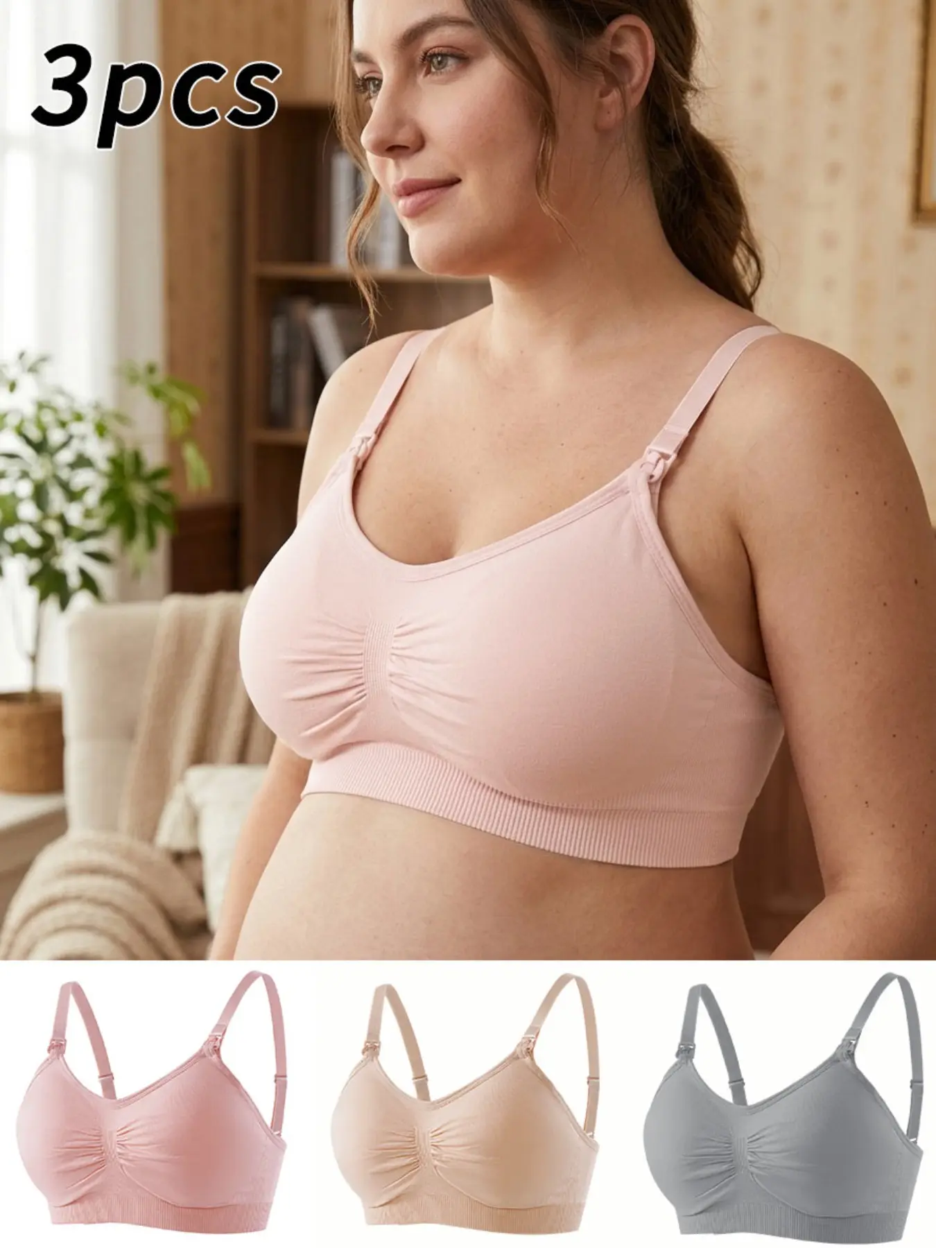 3-Pack Plus Size Nursing Bras, Pregnancy Nursing Bras, Maternity Bras for Breastfeeding, Wireless Removable Pads, Adjustable Straps, Comfortable Daily Wear, Ideal for Lactating Mothers