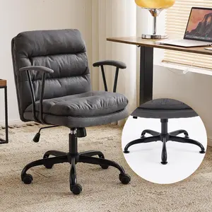 VINGLI Padded Grey Desk Chair with/No Wheels,Dual-Base,Removable Armrests,Adjustable Comfy Rolling Swivel Computer Task Nail Tech Chair for Home Office,Sewing,Makeup Vanity,Teen,Linen Fabric