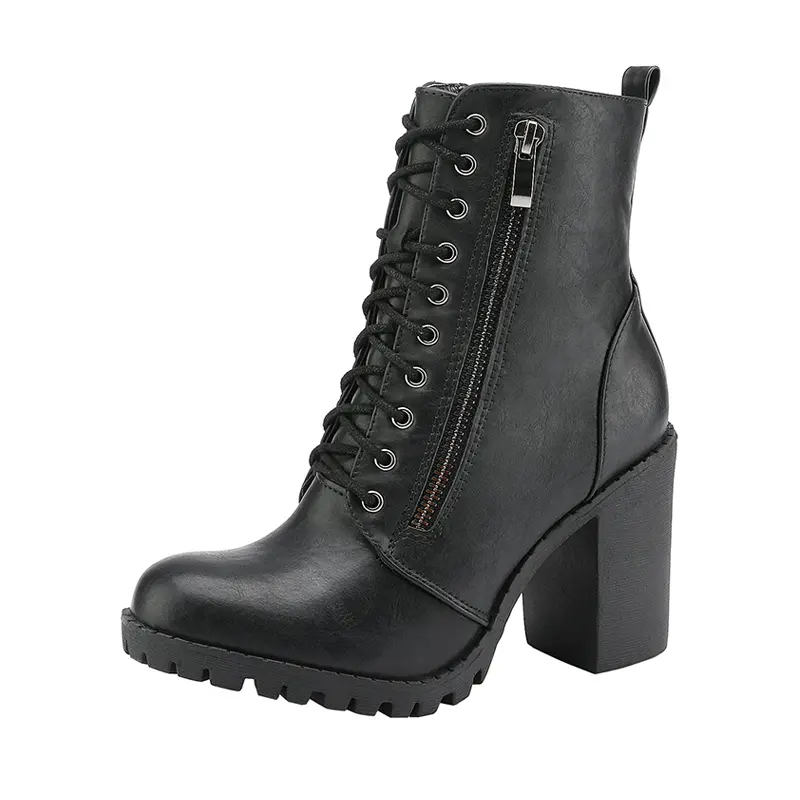 Dream Pairs Women's Combat Ankle Boots with Pocket, Comfortable Block Heels for Daily Walking, Fashion Footwear with Side Zipper, Women's Shoes, Comfortable Heels, Round Toe, Business, Pu Upper, Tpr Sole, Wipe Clean, Mid-Calf, Pocket Design, Combat Look,,