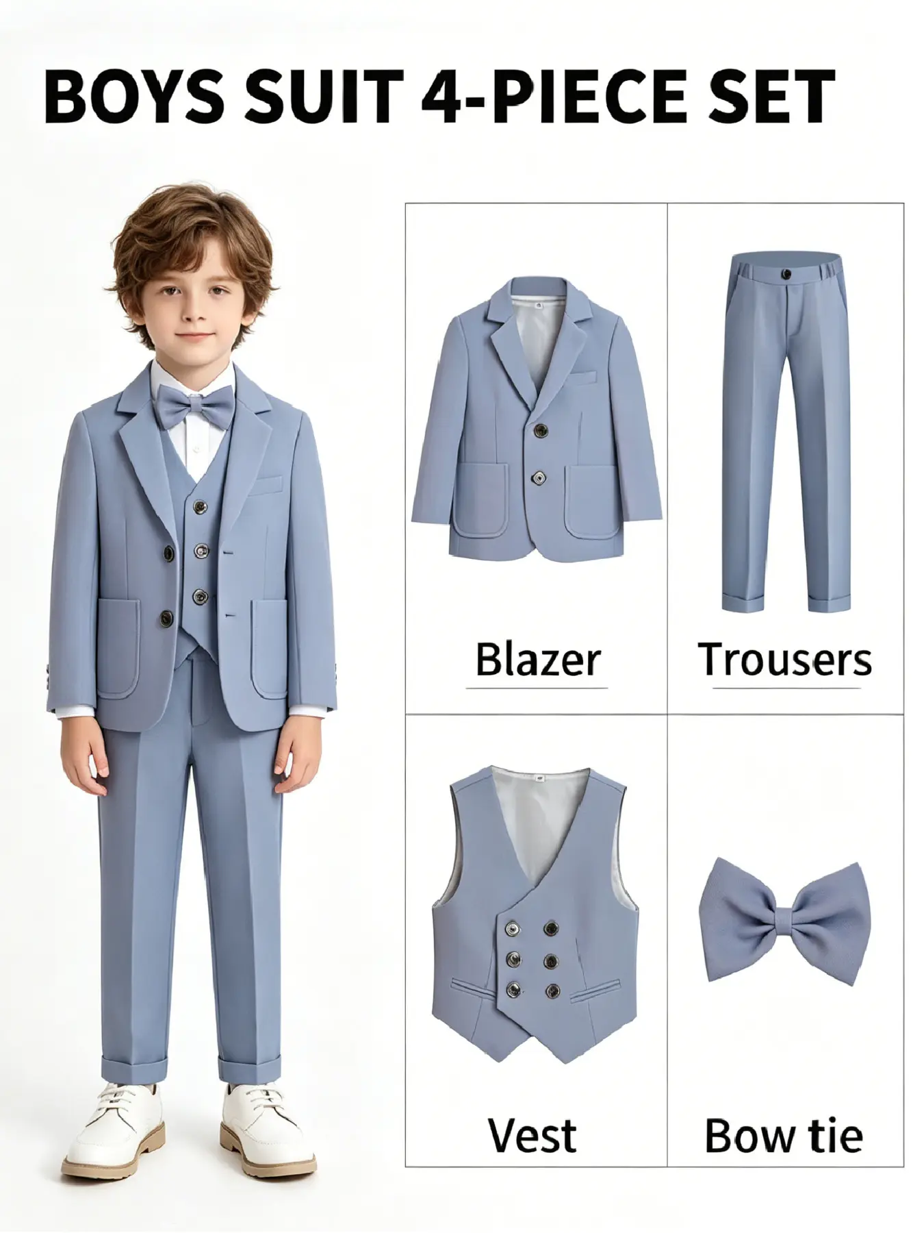Boy's Blazer Suit 4 Piece Set, Clothes Suits, Elegant Formal Plaid Blazer for Kids, Perfect for Piano Performances, Weddings, Birthdays, No Shirt Included